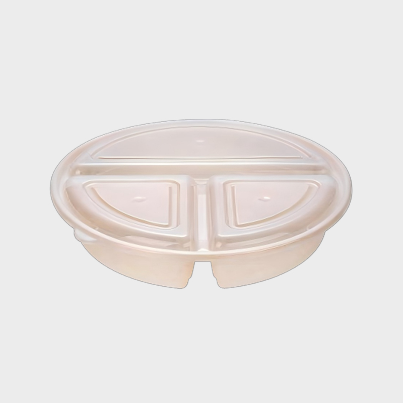 PFK004 Set de recipiente de unică folosință pentru pregătirea meselor, rotund, transparent, cu 3 compartimente, 900 ml, cu capac